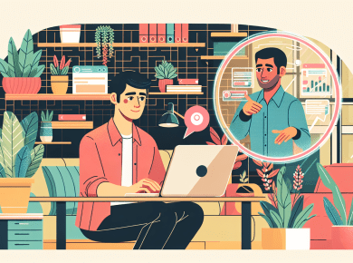 A small business owner happily working on a laptop in a cozy, plant-filled office space, while a digital holographic screen floats beside them showing a friendly IT support technician assisting with r