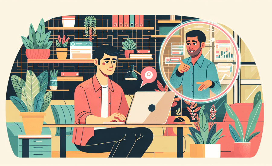 A small business owner happily working on a laptop in a cozy, plant-filled office space, while a digital holographic screen floats beside them showing a friendly IT support technician assisting with r