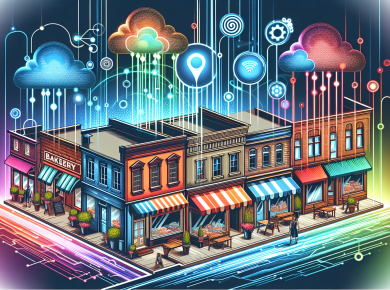 A vibrant digital artwork depicting a bustling small town street where various small businesses, like a bakery, bookstore, and coffee shop, are interconnected by visible glowing data streams and cloud