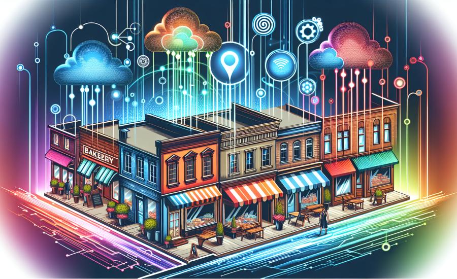A vibrant digital artwork depicting a bustling small town street where various small businesses, like a bakery, bookstore, and coffee shop, are interconnected by visible glowing data streams and cloud