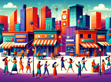 An animated city street full of diverse small businesses thriving with the help of mobile apps, showing people of various backgrounds using smartphones to interact with services like ordering food, bo