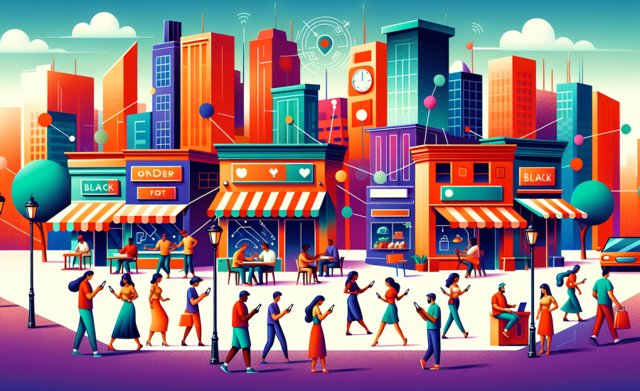 An animated city street full of diverse small businesses thriving with the help of mobile apps, showing people of various backgrounds using smartphones to interact with services like ordering food, bo