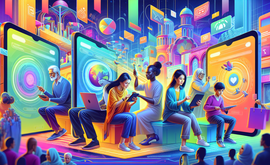 An artistic depiction of a modern, user-friendly e-commerce website interface that dramatically boosts online sales, featuring a diverse group of people engaging with digital devices like smartphones