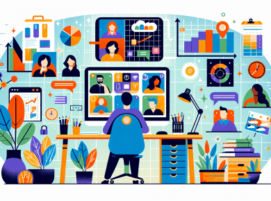 A modern, colourful illustration of successful remote work strategies. Visualize a well-organized workspace at home with a desk, computer, and other office supplies. Also include a diverse group of people shown on a virtual meeting on the computer screen. Each participant could be expressing positivity and productivity, emphasizing successful remote work. Further, include visual elements such as digital calendars, task lists, and charts indicating progress, to depict key strategies effectively managing remote work.