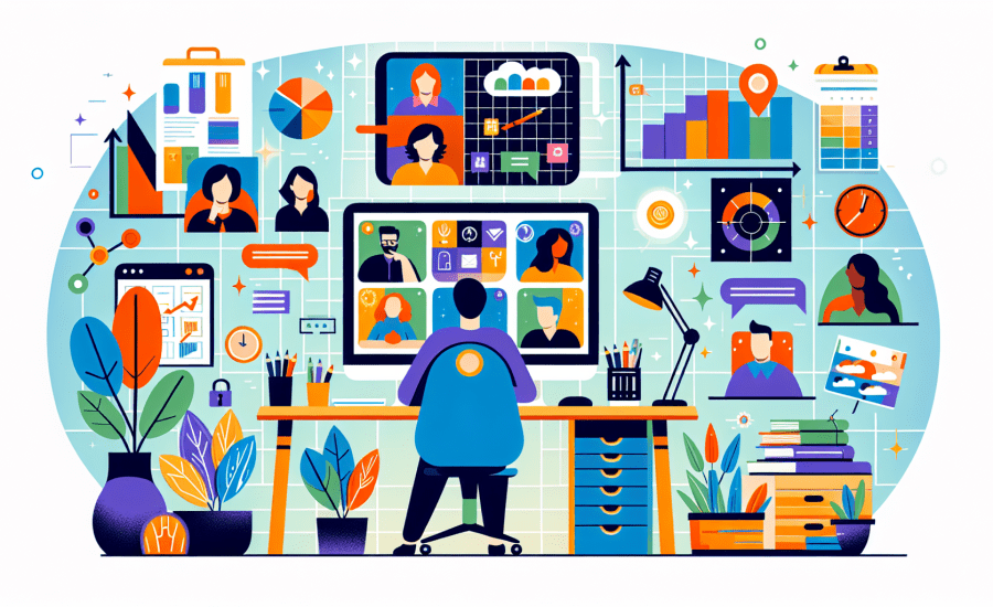 A modern, colourful illustration of successful remote work strategies. Visualize a well-organized workspace at home with a desk, computer, and other office supplies. Also include a diverse group of people shown on a virtual meeting on the computer screen. Each participant could be expressing positivity and productivity, emphasizing successful remote work. Further, include visual elements such as digital calendars, task lists, and charts indicating progress, to depict key strategies effectively managing remote work.