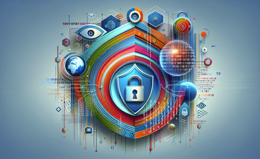 A conceptual abstract illustration signifying the importance of data protection laws. The image is rendered in a contemporary, modern style with a vibrant color palette. The central motif could be a shield or a lock, representing security. Various data elements like binary codes, globes representing worldwide reach, and eye symbols for surveillance can be included to emphasize the theme of data protection. The overall composition should be asymmetrical to represent the complexity and dynamism of this concept.