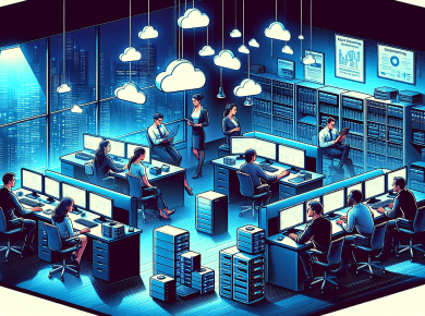 A digital illustration of a small business office setting at night, where a team of diverse people is engaged in data backup activities on multiple desktops and servers. Visible are external hard driv