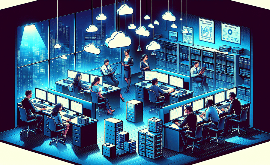 A digital illustration of a small business office setting at night, where a team of diverse people is engaged in data backup activities on multiple desktops and servers. Visible are external hard driv