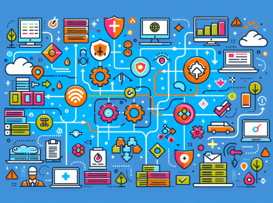 Illustrate the essentials of IT disaster recovery planning in a modern and colorful style. The image should depict an organized flow of information processing, supported by symbols representing different components of the plan like planning, protection, detection, and recovery. It could also include some possible scenarios meant to test the IT disaster recovery plan. Please make it vibrant and lively, without any written words.