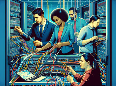 A detailed digital illustration showing a team of diverse IT professionals working together to set up a complex server room full of cables, routers, and computers, with a visible flow of digital data