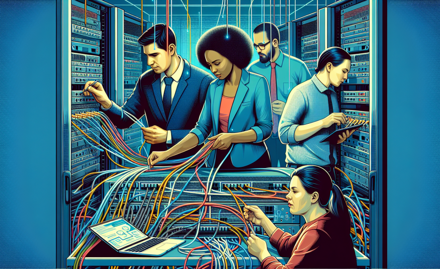 A detailed digital illustration showing a team of diverse IT professionals working together to set up a complex server room full of cables, routers, and computers, with a visible flow of digital data