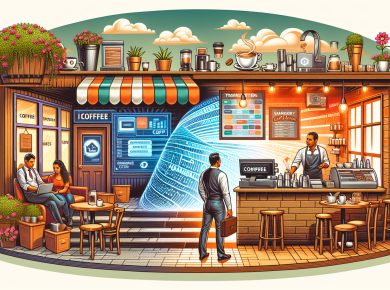 A vibrant digital artwork showing a small, quaint coffee shop transforming into a sleek, modern cafe, with visible IT infrastructure upgrades like advanced computer systems, digital menus, and a smart