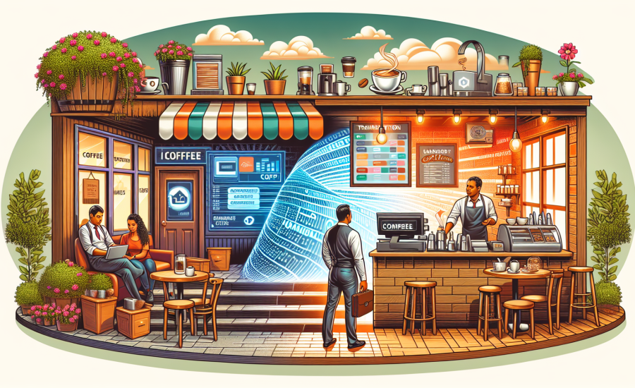 A vibrant digital artwork showing a small, quaint coffee shop transforming into a sleek, modern cafe, with visible IT infrastructure upgrades like advanced computer systems, digital menus, and a smart