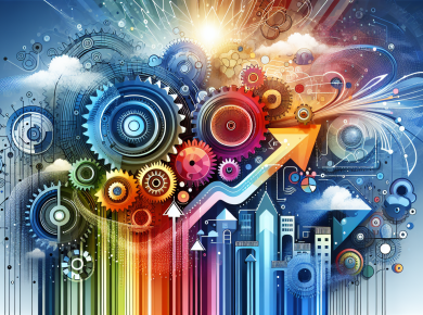 A vibrant, colorful abstract illustration that represents the concept of a technology solution enhancing the efficiency of small businesses. The illustration may involve metaphorical representations, such as gears moving in harmony to depict synchronized work, a rising arrow to symbolize improvement, and various small buildings or establishments to represent small businesses. The overall aesthetic should be modern and fresh, using a broad spectrum of colors.