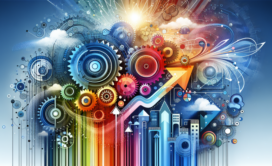A vibrant, colorful abstract illustration that represents the concept of a technology solution enhancing the efficiency of small businesses. The illustration may involve metaphorical representations, such as gears moving in harmony to depict synchronized work, a rising arrow to symbolize improvement, and various small buildings or establishments to represent small businesses. The overall aesthetic should be modern and fresh, using a broad spectrum of colors.