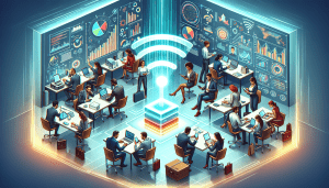 An intricate digital illustration of a bustling small business office where diverse entrepreneurs are seamlessly using various wireless devices like smartphones, laptops, and tablets connected to a la