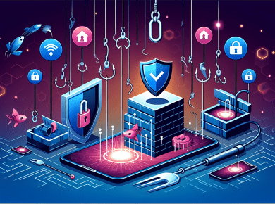 Illustration portraying the concept of recognizing and preventing phishing attacks. Showcase a metaphorical representation of phishing attacks as lures or traps. Include cyber symbols like a shield or firewall to signify prevention. Ensure the illustration is rendered using modern styling and vibrant color palette, but no text or words should be included.