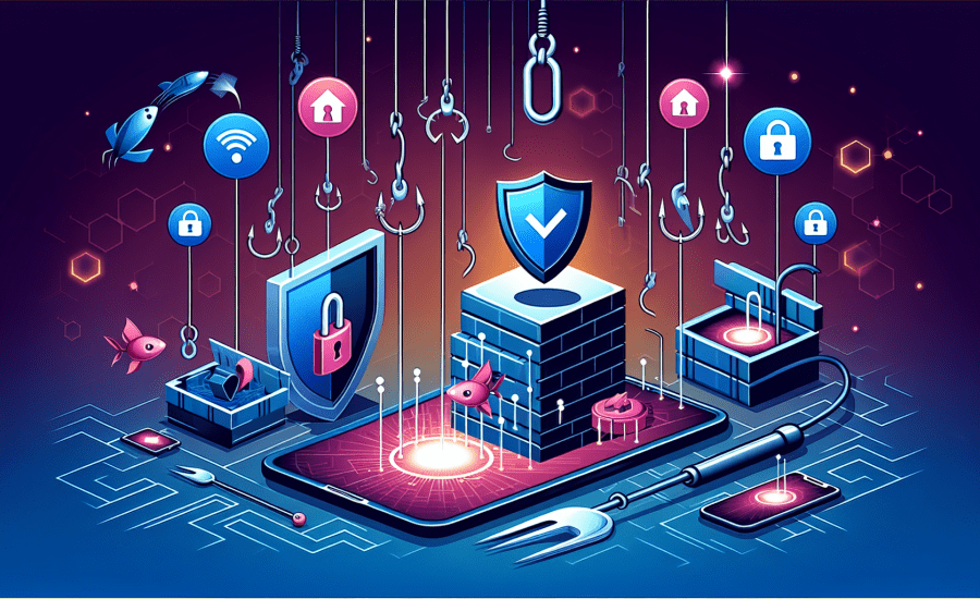 Illustration portraying the concept of recognizing and preventing phishing attacks. Showcase a metaphorical representation of phishing attacks as lures or traps. Include cyber symbols like a shield or firewall to signify prevention. Ensure the illustration is rendered using modern styling and vibrant color palette, but no text or words should be included.