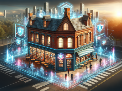 A vibrant digital artwork depicting a small brick-and-mortar bookstore transformed into a futuristic fortress, with glowing, transparent digital shields surrounding the building, and a diverse group o