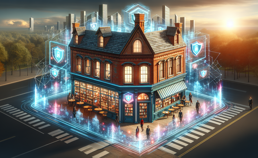 A vibrant digital artwork depicting a small brick-and-mortar bookstore transformed into a futuristic fortress, with glowing, transparent digital shields surrounding the building, and a diverse group o