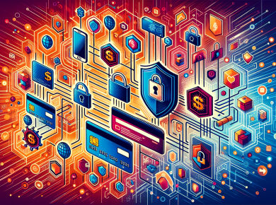 Create an image showing the concept of secure payment systems symbolized through a guide to safe transactions. Use a modern aesthetic style with bright, vivid colors to illustrate the abstract notion of guaranteed safety in financial operations. With no words, the image should use universally recognized illustrations like a padlock, a shield, and digital devices. Include credit cards and digital currency symbols, intertwined with secure networks and firewalls, manifesting the concept of secure electronic transactions. Visualize layers of security enveloping these transaction methods to indicate multiple stages of protection.