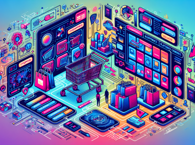 Create a detailed and vibrant illustration depicting the process of selecting an e-commerce platform for business operations. The scene should be futuristic and modernistic, with various elements associated with online shopping such as shopping carts, product catalogs, payment systems, and digital interfaces. Keep in mind to include aspects that show comparison and selection, like checkboxes, arrows, and scales. Use a wide variety of vivid colors to bring out a modern and energetic vibe in the design.