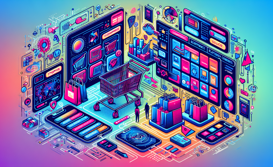 Create a detailed and vibrant illustration depicting the process of selecting an e-commerce platform for business operations. The scene should be futuristic and modernistic, with various elements associated with online shopping such as shopping carts, product catalogs, payment systems, and digital interfaces. Keep in mind to include aspects that show comparison and selection, like checkboxes, arrows, and scales. Use a wide variety of vivid colors to bring out a modern and energetic vibe in the design.