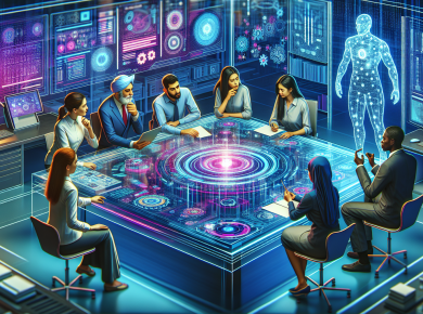 A futuristic digital workshop with a diverse group of professionals discussing around a holographic table displaying various hardware and software options.