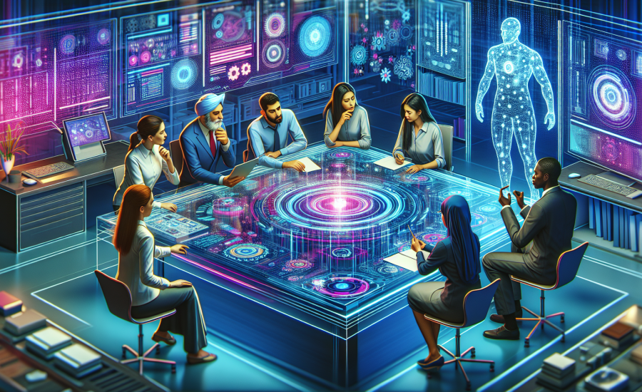 A futuristic digital workshop with a diverse group of professionals discussing around a holographic table displaying various hardware and software options.