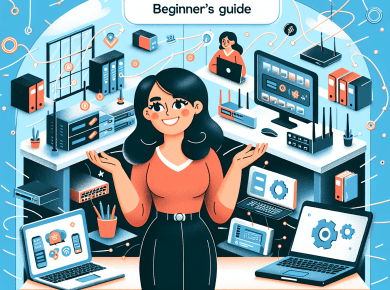 An illustrated digital cover for a beginner's guide book featuring a small business owner standing in front of a tech support center with various IT solutions tools floating around, symbolizing simpli