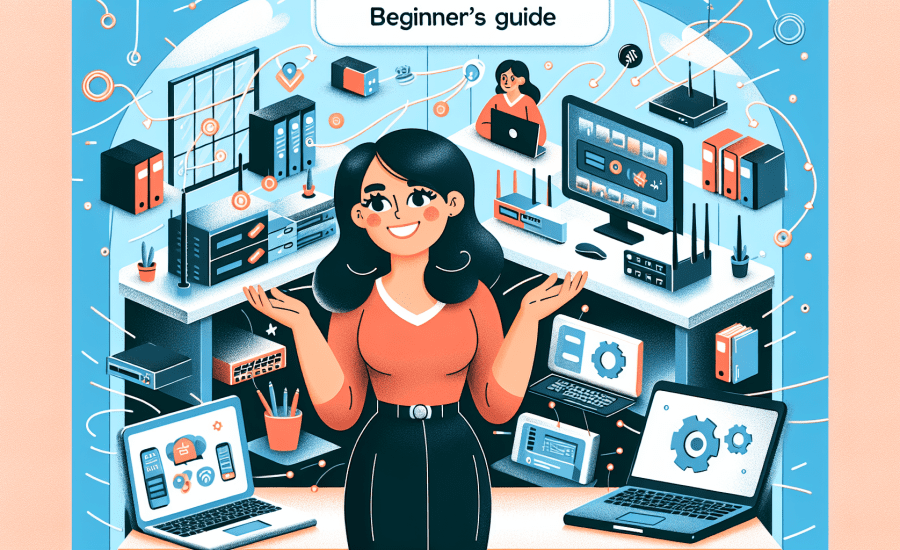 An illustrated digital cover for a beginner's guide book featuring a small business owner standing in front of a tech support center with various IT solutions tools floating around, symbolizing simpli