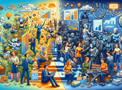 A detailed and vibrant illustration representing the impact of Artificial Intelligence on small businesses. The left half of the picture encapsulates 'Opportunities', showing businesses flourishing with technologies like autonomous robots, predictive analytics charts, and automated customer service. Beings of varying genders and descents happily interact with this AI technology, signifying the benefits it can bring. The right half depicts the 'Challenges', showcasing issues like technical glitches, potential job losses, and businesses struggling with the adoption of AI. Amidst these challenges, diverse individuals of different genders and descents are shown grappling with these issues, hence portraying a balanced view of the impact of AI on small businesses.