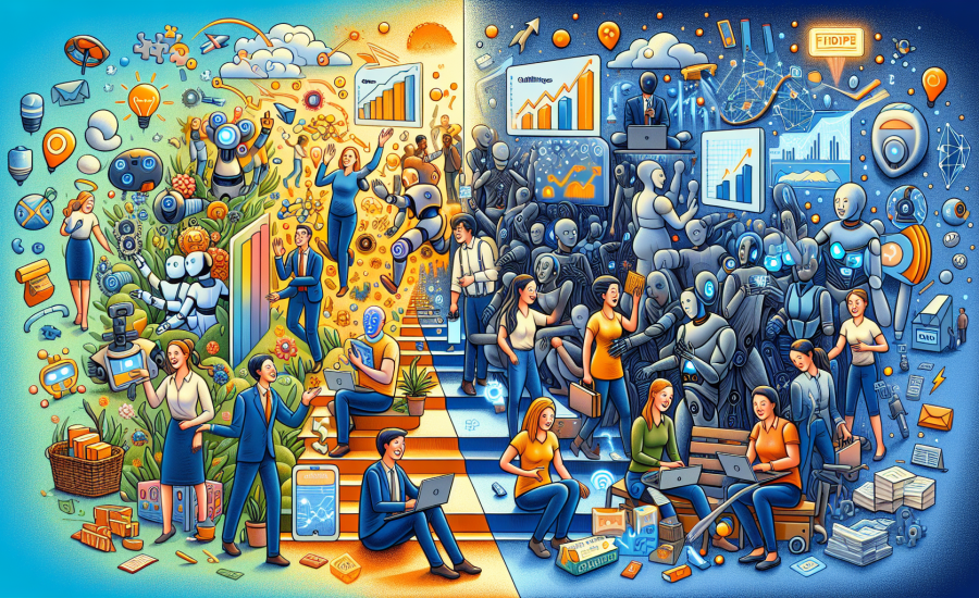 A detailed and vibrant illustration representing the impact of Artificial Intelligence on small businesses. The left half of the picture encapsulates 'Opportunities', showing businesses flourishing with technologies like autonomous robots, predictive analytics charts, and automated customer service. Beings of varying genders and descents happily interact with this AI technology, signifying the benefits it can bring. The right half depicts the 'Challenges', showcasing issues like technical glitches, potential job losses, and businesses struggling with the adoption of AI. Amidst these challenges, diverse individuals of different genders and descents are shown grappling with these issues, hence portraying a balanced view of the impact of AI on small businesses.