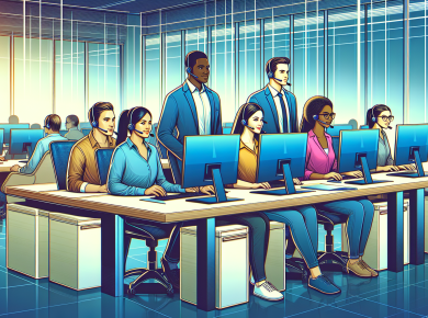 An illustration of a diverse team of IT professionals in a high-tech support center, assisting clients over multiple screens, set in a modern, well-lit office environment designed specifically for sma