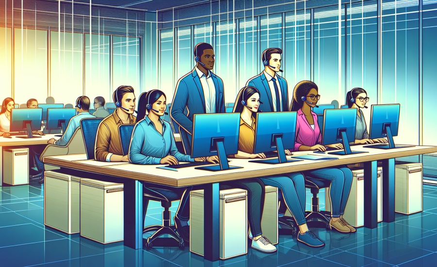 An illustration of a diverse team of IT professionals in a high-tech support center, assisting clients over multiple screens, set in a modern, well-lit office environment designed specifically for sma