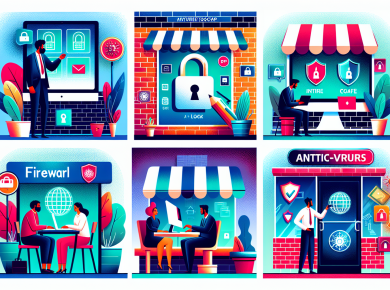 Create a vivid and modern illustration conveying crucial cybersecurity tips for small businesses. Show a number of small shops, each implementing a digital protection measure. Depict a lock over a computer in one shop, owned by a Caucasian female, a firewall sign over a Middle Eastern male's internet cafe, and a South Asian female updating an anti-virus in her online boutique. Elsewhere, show a Black man safely managing his passwords in an office setting. Incorporate a vibrant color scheme to exude modernity and dynamism.