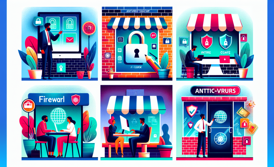 Create a vivid and modern illustration conveying crucial cybersecurity tips for small businesses. Show a number of small shops, each implementing a digital protection measure. Depict a lock over a computer in one shop, owned by a Caucasian female, a firewall sign over a Middle Eastern male's internet cafe, and a South Asian female updating an anti-virus in her online boutique. Elsewhere, show a Black man safely managing his passwords in an office setting. Incorporate a vibrant color scheme to exude modernity and dynamism.