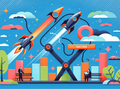 Create a modern, vividly colored visual that depicts the relationship between Information Technology (IT) and Customer Relationship Management (CRM) success. Illustrate IT as a catapult launching the CRM to higher altitudes, symbolizing success and improvements. No text to be included in the image.