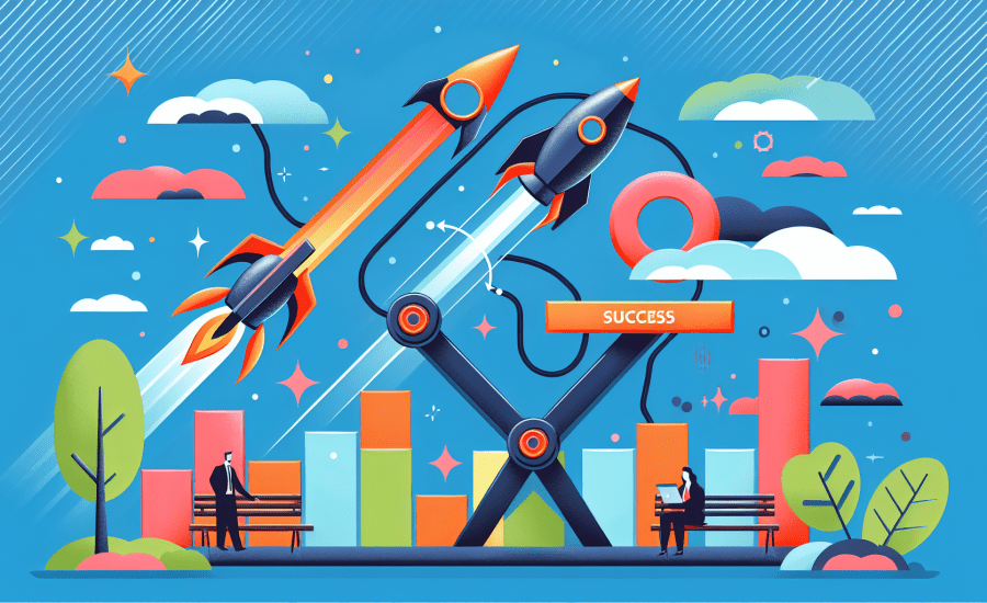 Create a modern, vividly colored visual that depicts the relationship between Information Technology (IT) and Customer Relationship Management (CRM) success. Illustrate IT as a catapult launching the CRM to higher altitudes, symbolizing success and improvements. No text to be included in the image.