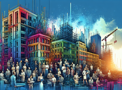 An illustrated cityscape where traditional buildings seamlessly transition into futuristic, digital structures, with consultants depicted as architects and engineers actively transforming the scene un