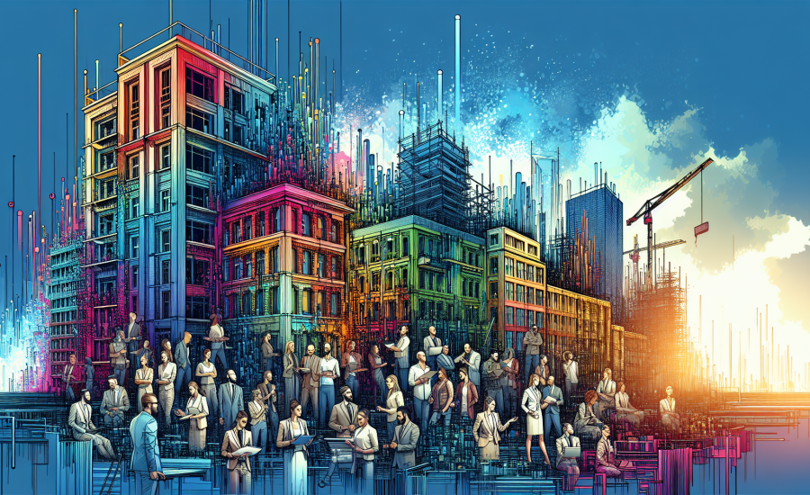 An illustrated cityscape where traditional buildings seamlessly transition into futuristic, digital structures, with consultants depicted as architects and engineers actively transforming the scene un