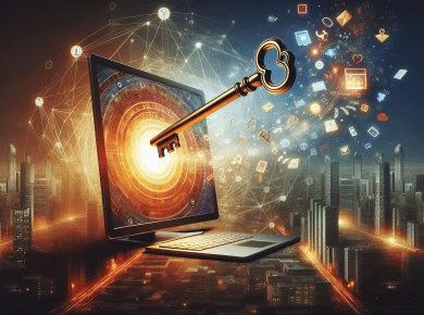 Create a vibrant and modern digital art piece featuring a large, antique golden key unlocking a glowing computer screen, with stylish and sleek web design elements flowing out, set against a busy city