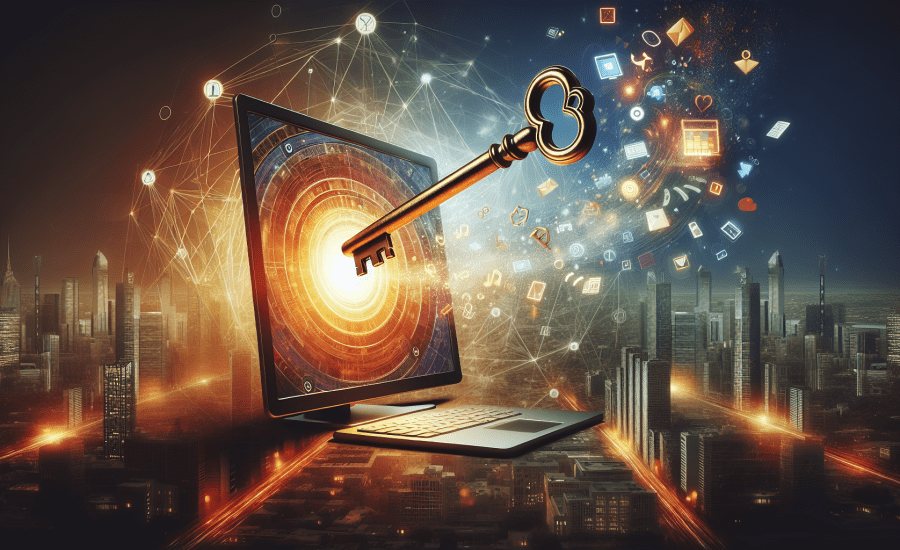 Create a vibrant and modern digital art piece featuring a large, antique golden key unlocking a glowing computer screen, with stylish and sleek web design elements flowing out, set against a busy city